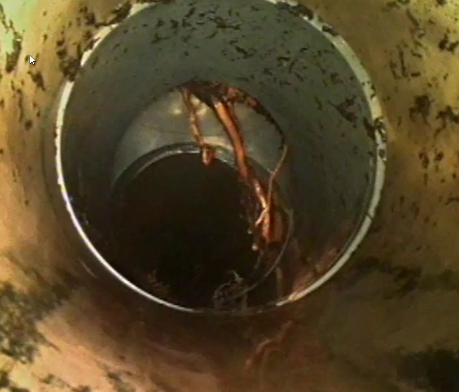Tree roots and debris inside a stormwater pipe captured by drain camera